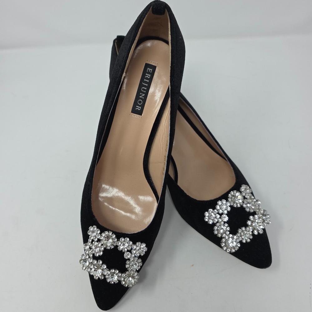 Erijunor Pump Heels Womens 9.5 Black Rhinestone Pointed Toe Kitten Heel RS-2359